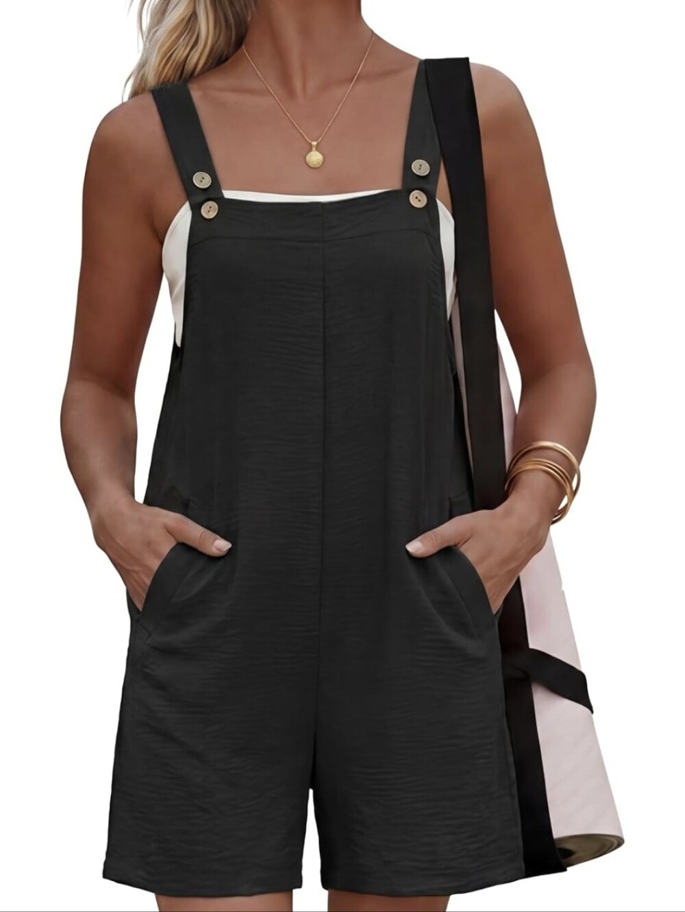 Women's Lepunnuo Black Loose Fit Sleeveless Boho Button-Strap Romper Medium NWOT - Picture 1 of 10
